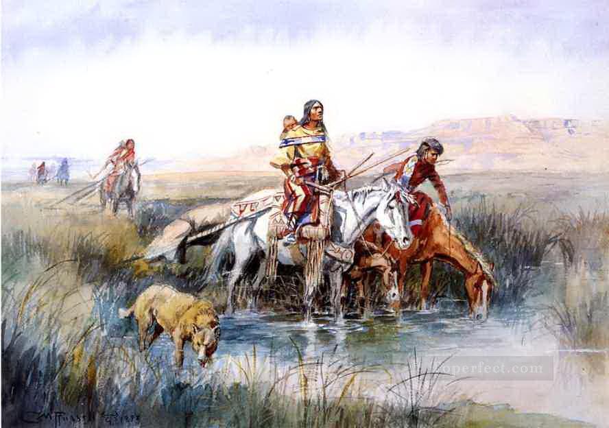 Les femmes indiennes déplacent le camp 1909 Charles Marion Russell Les Indiens d’Amérique Peintures à l'huile